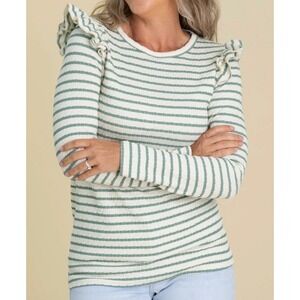 Heimish USA Green Striped Ruffle Shoulder Long Sleeve Textured Knit Top